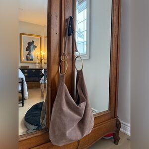 Brown leather  Suede Shoulder Bag with Gold Accents
